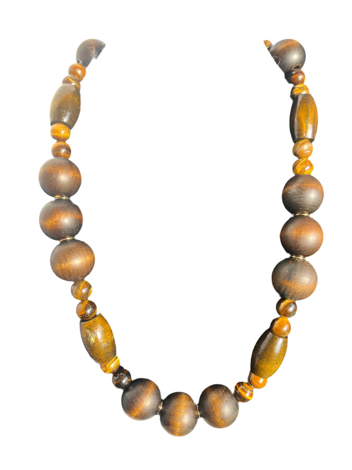 Wood Bead Necklace with Tigers Eye
