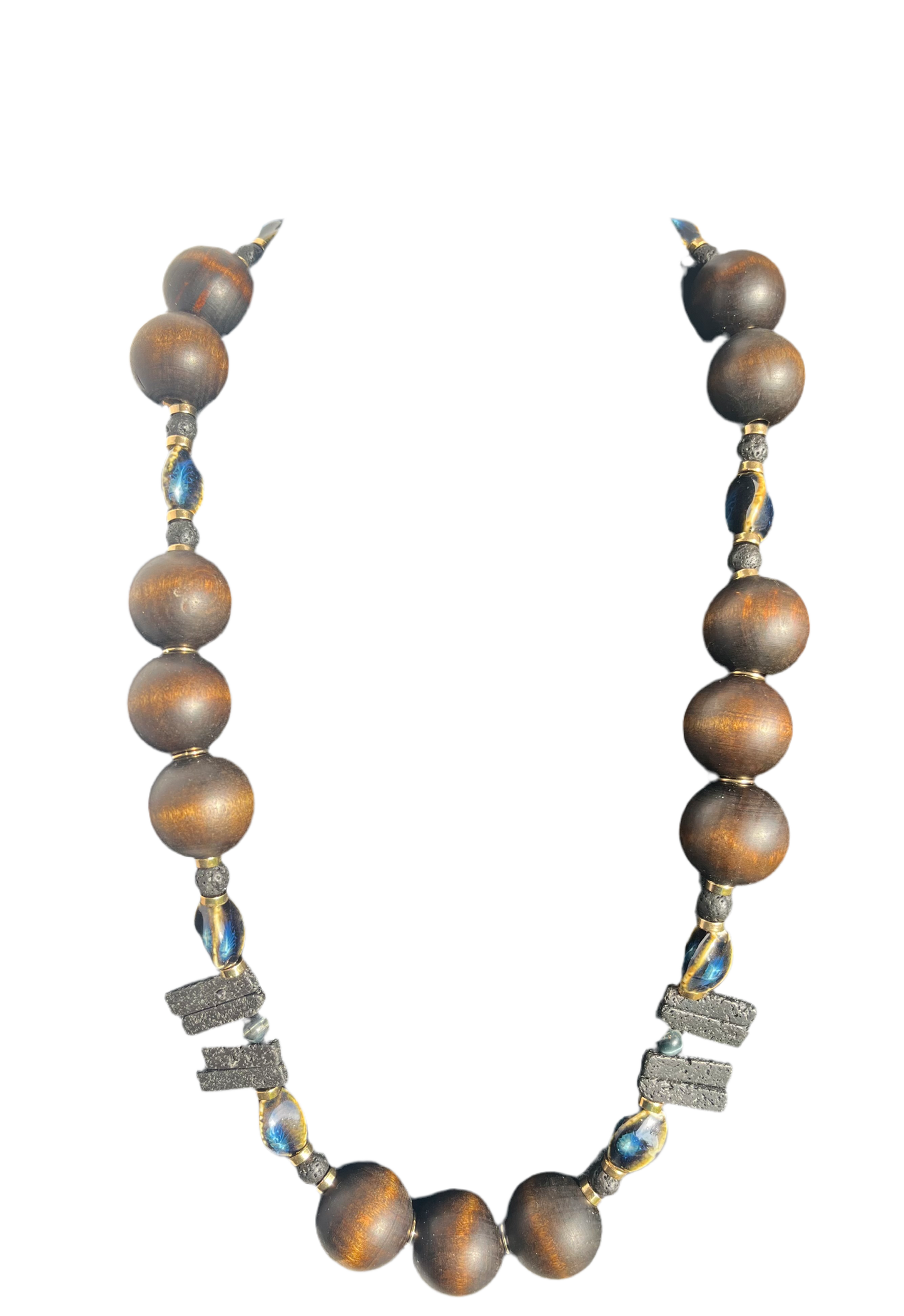 Black Lava and Labradorite Neckalce with Blue and Beige Blended Glass, and Wood Beads