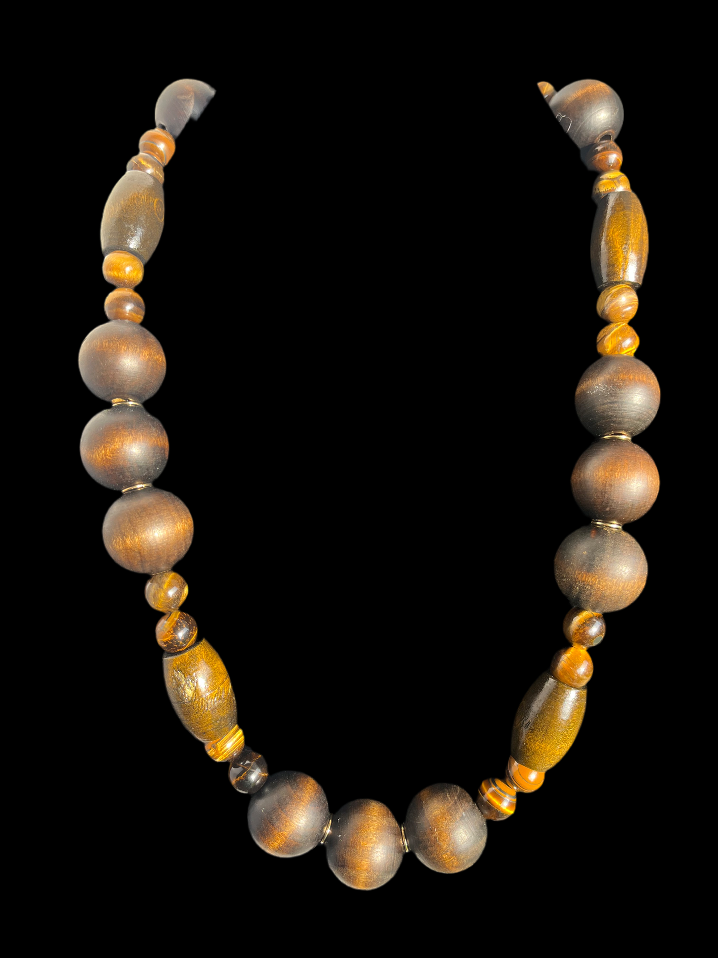 Wood Bead Necklace with Tigers Eye