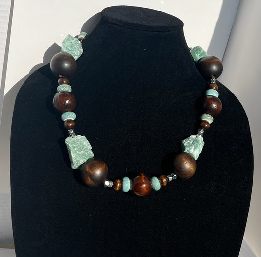 Teal Quartz Necklace with Wood Beads, Teal Glass, Silver Accents