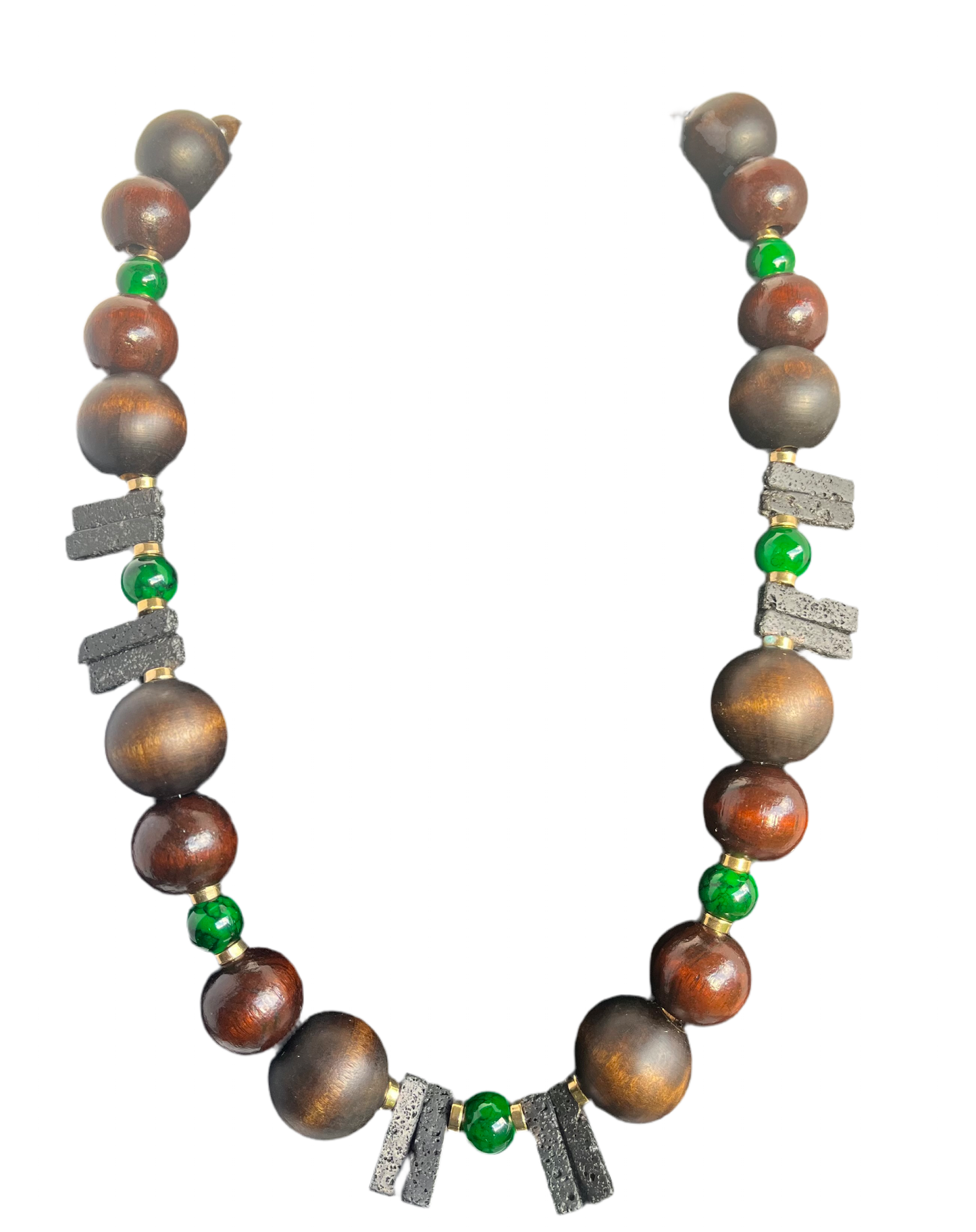 Black Lava, Emerald Glass, Wood Beads, Gold Accents