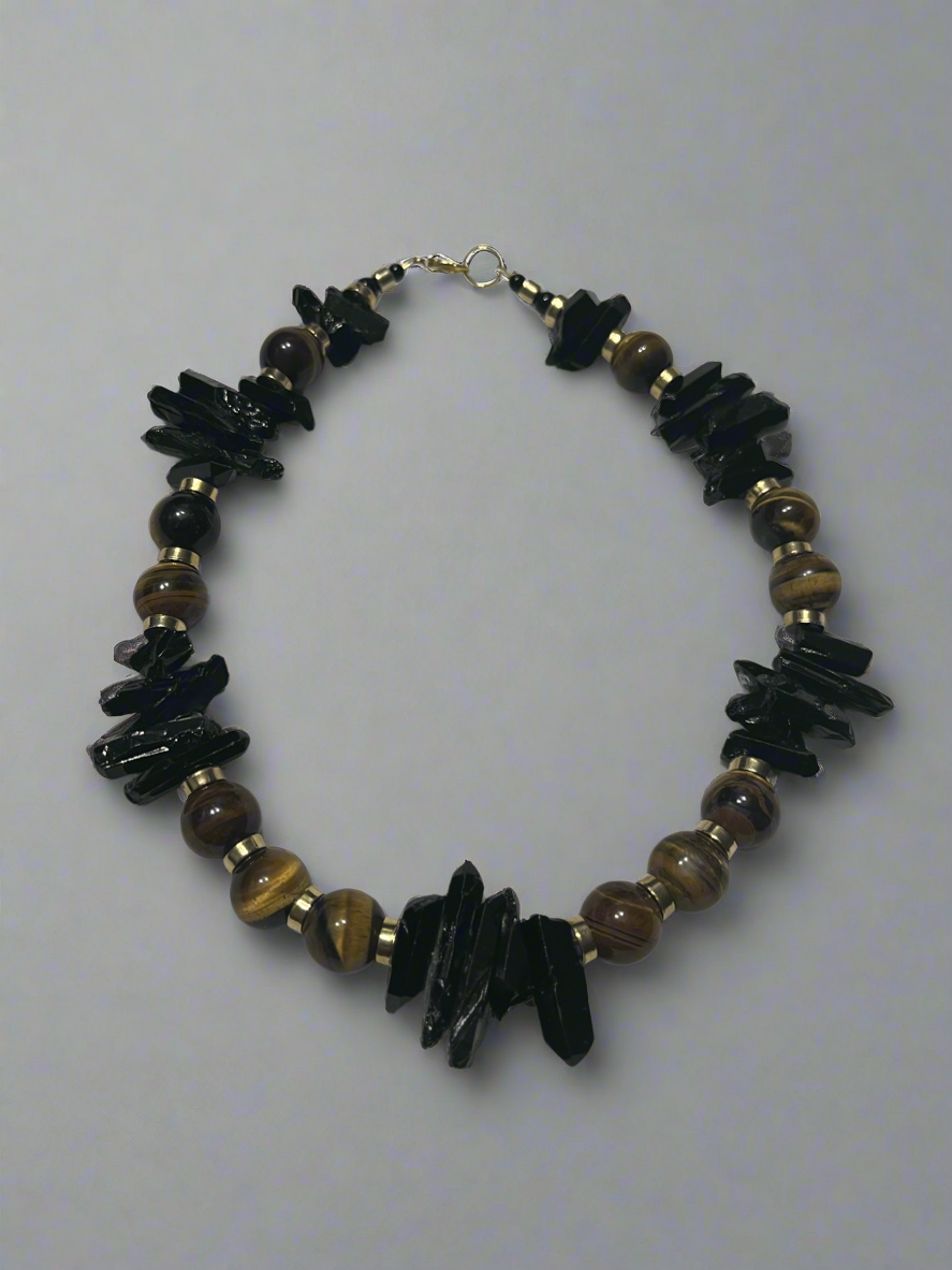 Black Quartz and Tigers Eye Necklace with Gold Accents