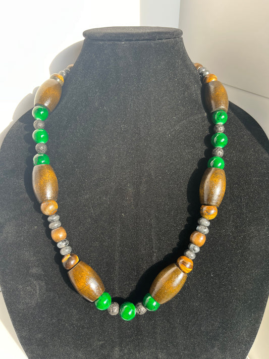 Emerald Glass, Labradorite and Tigers Eye Necklace with Wood Bead Accents