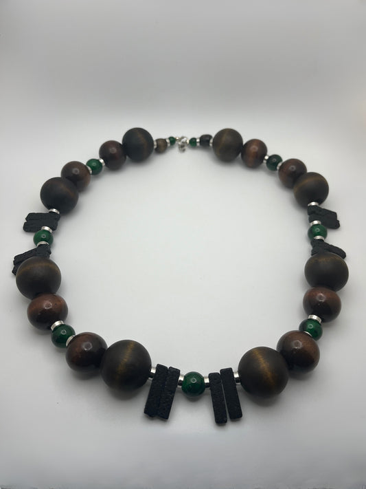 Black Lava, Emerald Glass, Wood Beads, Silver Accents