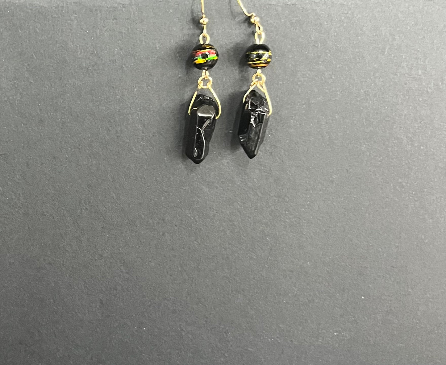 Drop Earrings made of Black Quartz, Multi-Color Glass Beads with Gold Accents