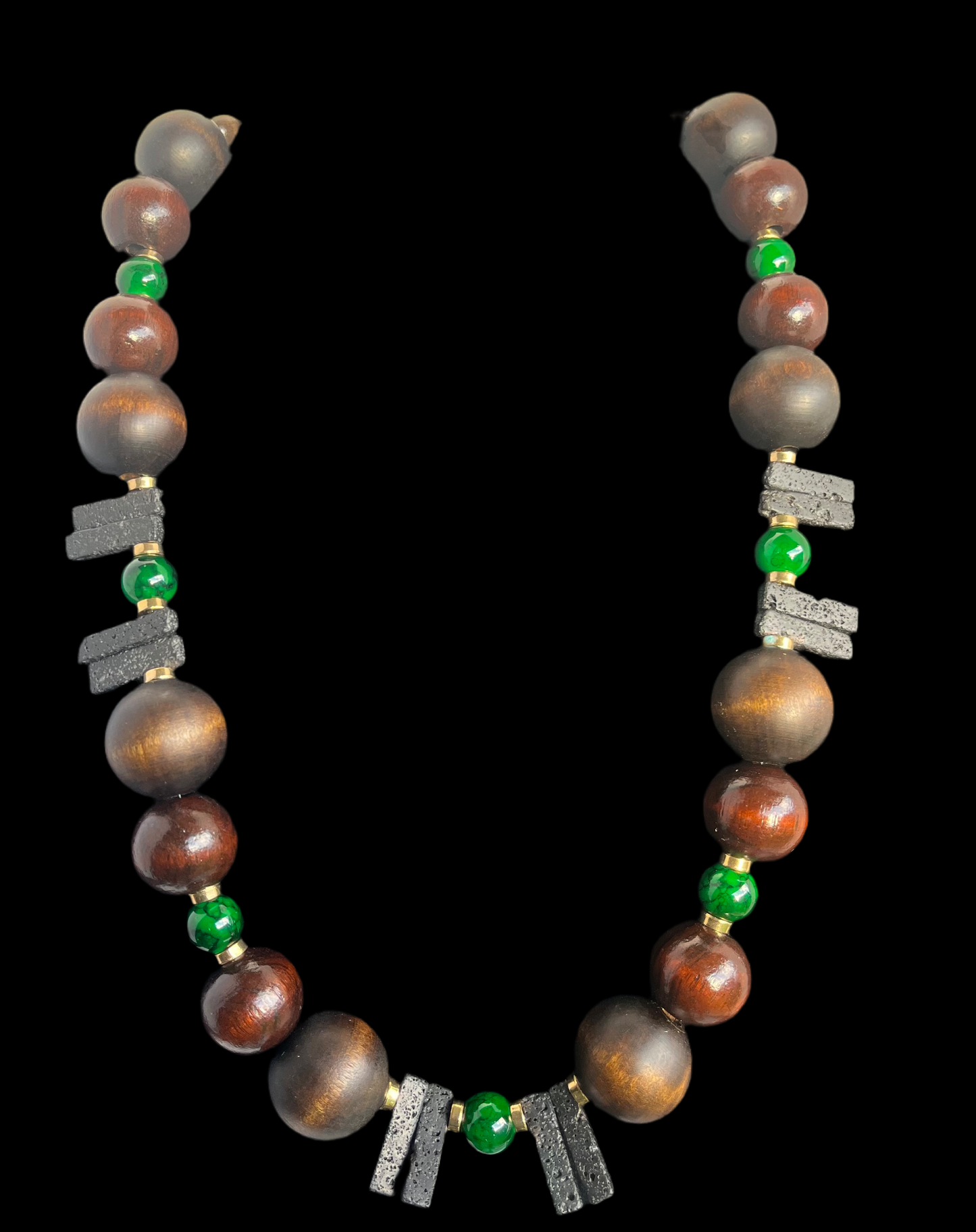 Black Lava, Emerald Glass, Wood Beads, Gold Accents