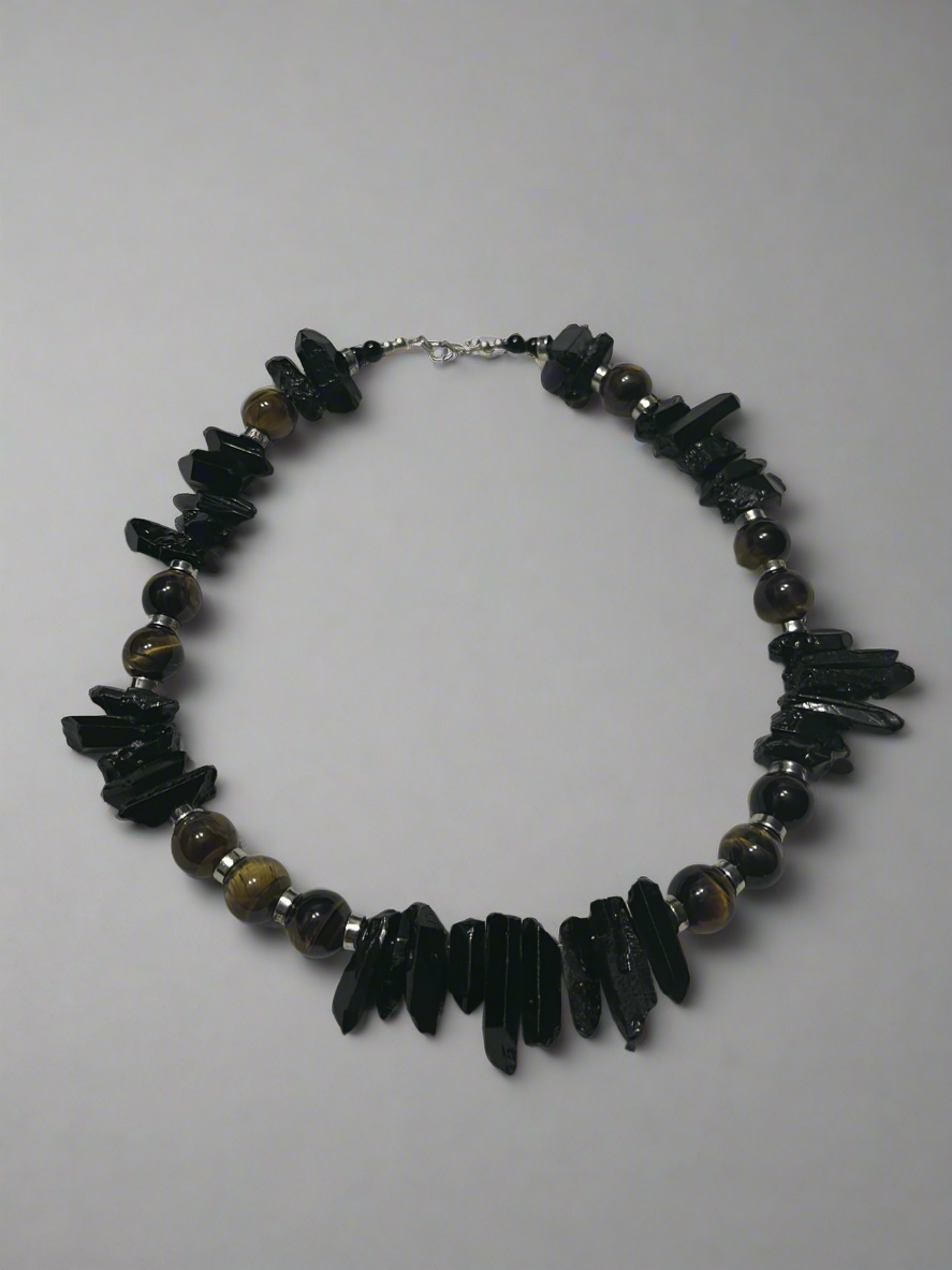 Black Quartz and Tigers Eye Necklace with Silver Accents