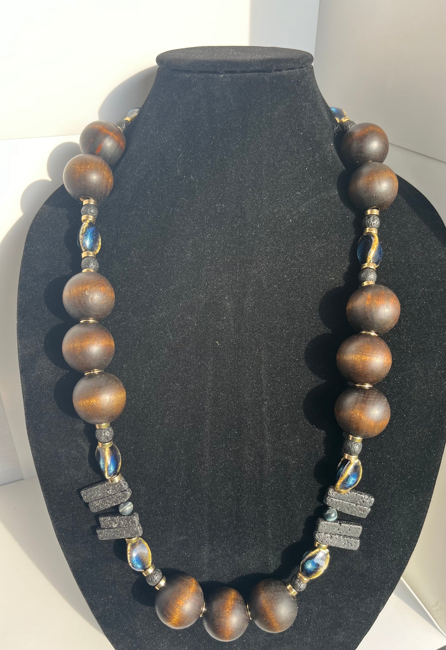 Black Lava and Labradorite Neckalce with Blue and Beige Blended Glass, and Wood Beads