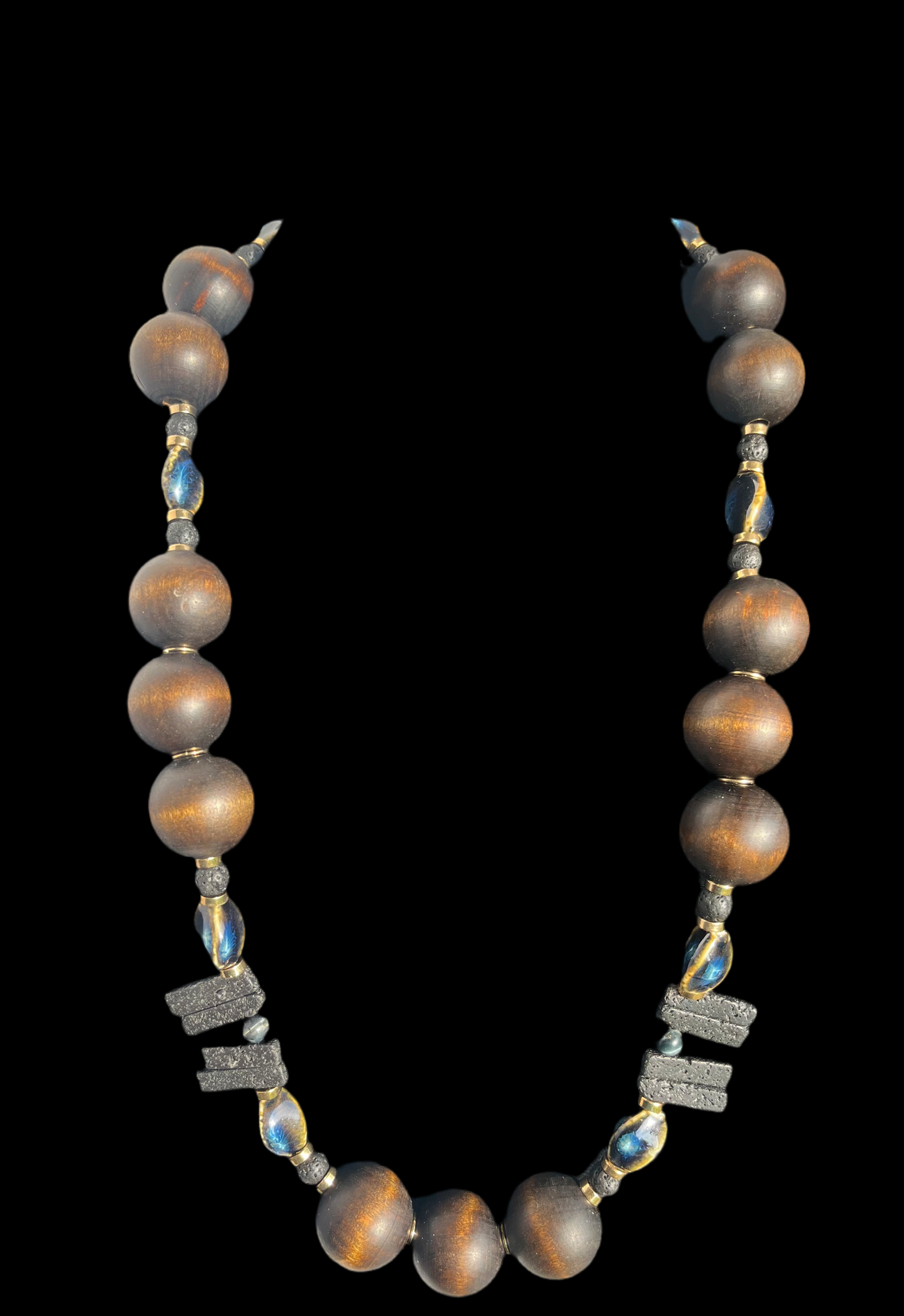 Black Lava and Labradorite Neckalce with Blue and Beige Blended Glass, and Wood Beads