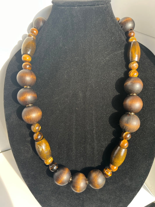 Wood Bead Necklace with Tigers Eye