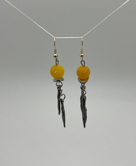 Yellow Agate Drop Earrings with Silver Feather Charms