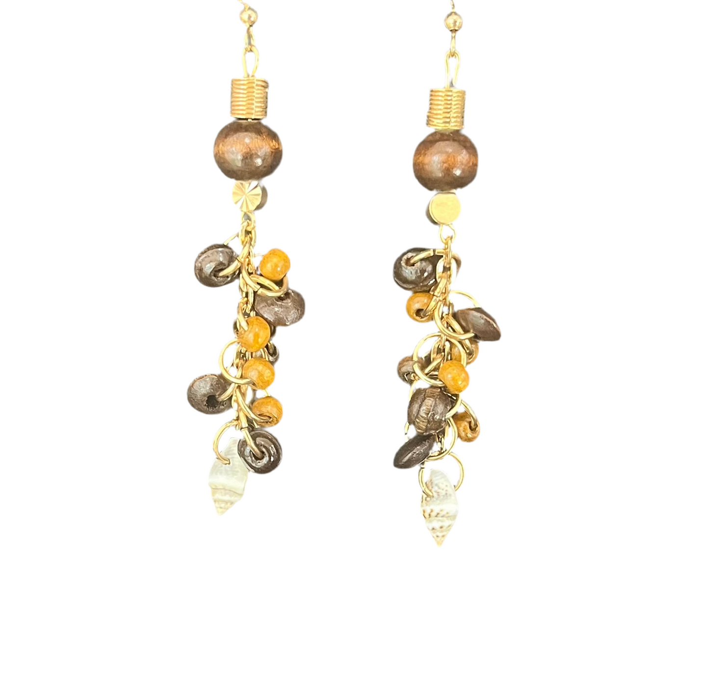 Dangle Earrings made of Wood, Shells, and Gold